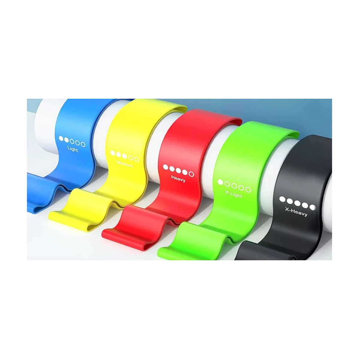 5 colored resistance bands - Light Blue, Medium Yellow, Heavy Red, X-Light Green, X-Heavy Black
